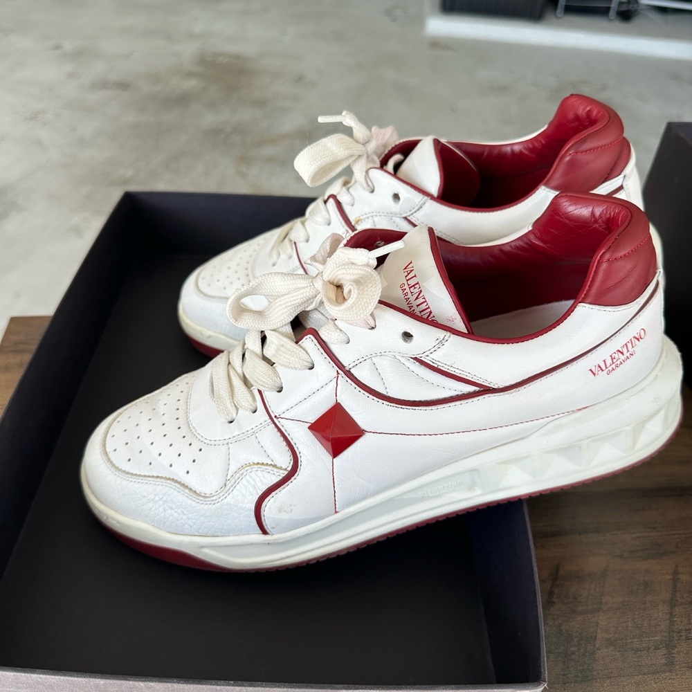 Valentino Garavani White and Red Leather Sneakers